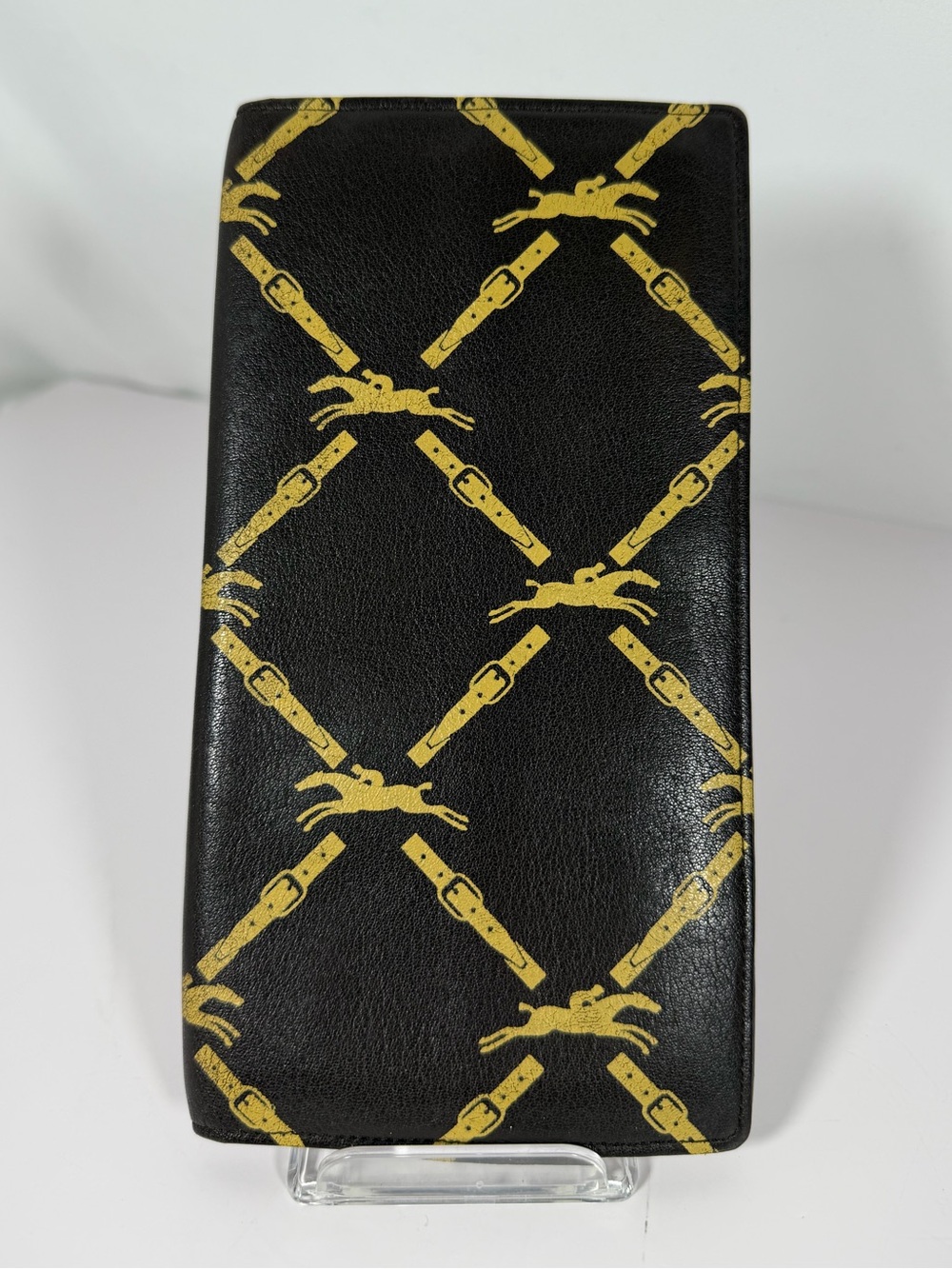 1303: Longchamp Vintage Horse & Belt Print Leather Long Wallet Brown Gold